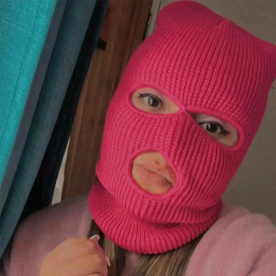 1 pieza Pasamontañas tejido tipo balaclava para mujer de color rosa con 3 agujeros para ciclismo y abrigo - Rosa Fucsia - Ver 1