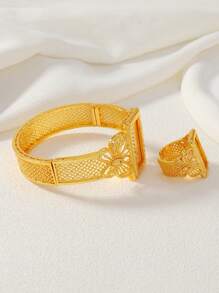 2pcs/Set Butterfly Rectangle Udan Rose Copper Jewelry Set For Women - 24k Gold Plated Copper - Yellow Gold - View 3