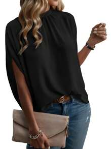 女士小立領褶皺邊，蝙蝠袖休閒套裝和頭套 - 黑色 - 查看 1