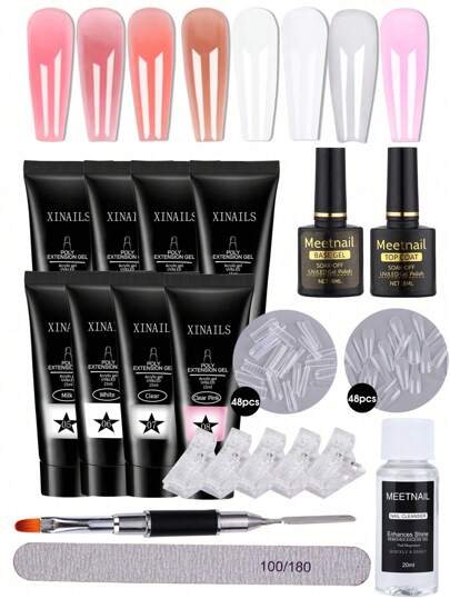 114件套美甲凝胶套装，快速打造亚克力凝胶延长美甲套装，包含手指延长凝胶、甲片、夹子、刷子、底胶、面胶和延长工具。