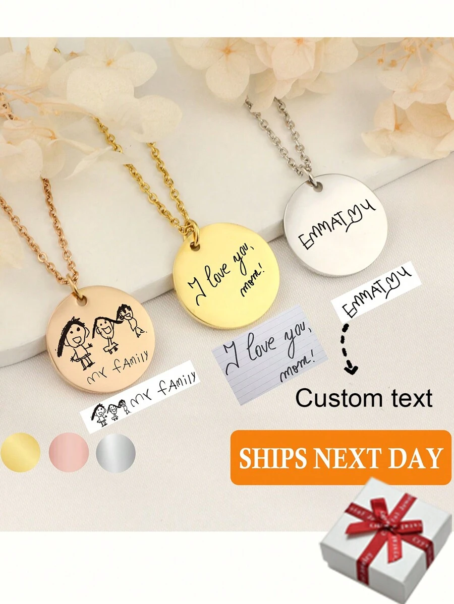 个性化手工名字雕刻项链，简约不锈钢硬币吊坠项链，时尚经典设计，金色，适合女性锁骨、生日、家庭节日、亲戚和孩子的礼物，金色、磨砂金、白金、银色、时尚、多彩、复古、男女通用、时髦、简约、休闲、定制、个性化、独特、适合他的理想礼物、适合她、她、男朋友、女朋友、爸爸、妈妈、家人、朋友、周年纪念日、生日、毕业典礼、舞会、派对、女士珠宝