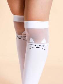 Cute Cat Print Mid-Calf Knee High Socks For Girls
