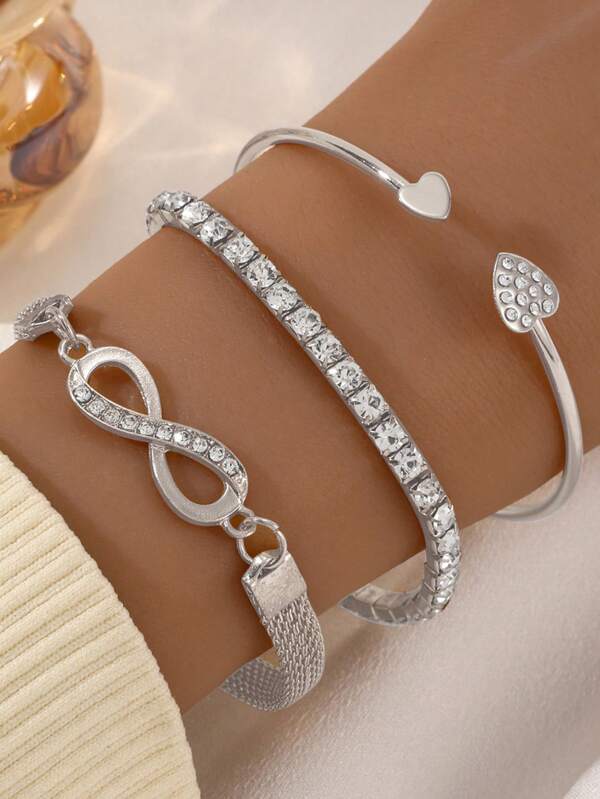 3 piezas Pulseras con decoración de corazón y símbolo del infinito con rhinestones para San Valentín, mamá, madre, Día de la Madre, regalo