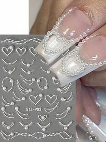 1入組指甲貼紙，高光澤珍珠飾品法式線愛心裝飾藝術滑片全息自粘提示貼紙DIY美甲配件用品 - 白色 - 查看 1