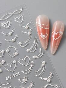 1入組指甲貼紙，高光澤珍珠飾品法式線愛心裝飾藝術滑片全息自粘提示貼紙DIY美甲配件用品 - 白色 - 查看 3