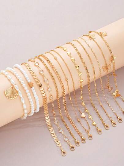 14pcs/Set Fashion Bohemian Style Multi-Element Anklet Set With Heart, Butterfly, Cowrie Shell, Airplane Chains, Round Discs For Women, Perfect For Summer Beach Vacation, Party, Date, Daily Wear, And Gifting Valentines
