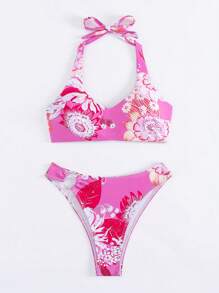 女士两件套比基尼套装，热带印花沙滩比基尼套装，适合温泉和度假夏日海滩 - 玫紅色 - 查看 11