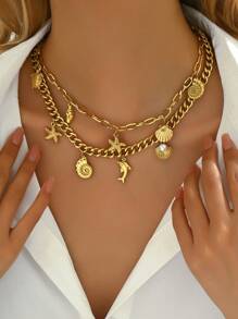 LIEBEIRIS 1pc Fashionable 18K Gold Plated Stainless Steel Thick Necklace With Ocean Elements For Women - Yellow Gold - View 5