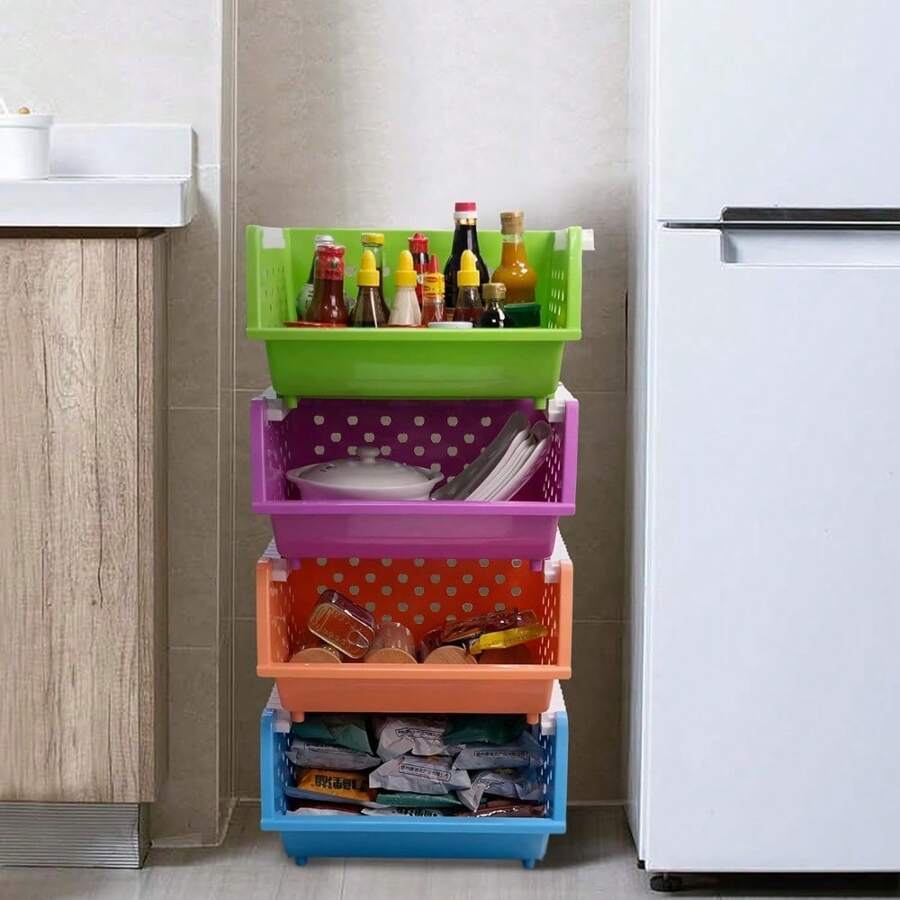 4 Packs Large Plastic Stackable Storage Basket, Multi-Functional Colored Toy Stacking Bins