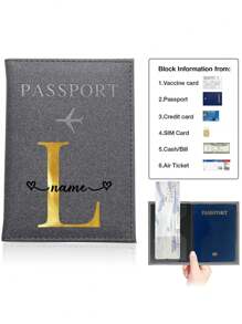 1pc Customized Name PU Passport Cover Passport Sleeve Holder Protector Bank Business Card Case Organizer Protective Slim Leather Portable Documents Storage Ultra Slim ID Card Wallet Coin Purse RFID Blocking Waterproof Women Man Travel Accessories DIY Personalized Any Name Letter Airplane Alphabet Initial Print Pattern For Office Business Air Ticket Clip Fold With Customiz Name