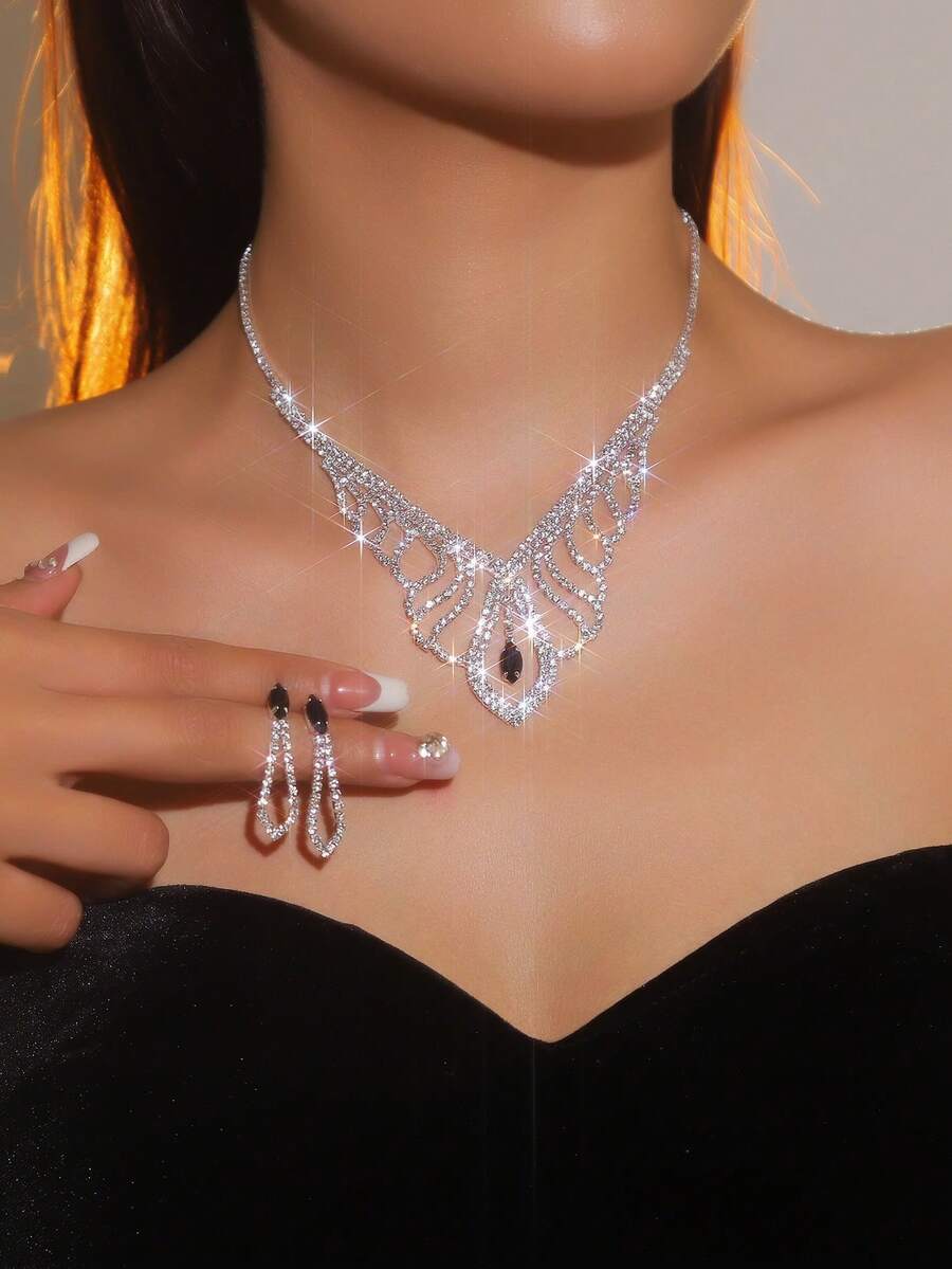 Supra Diamanto Gorgeous-Luxury Shining Bling Crystal Rhinestone Necklace Earrings Set Wedding Party Jewelry 3 In 1