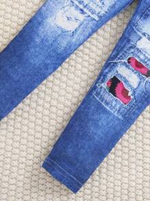 2 件套时尚年轻女孩向日葵和字母印花短袖针织上衣和牛仔效果裤配向日葵腰带夏季服装 - 玫紅色 - 查看 7