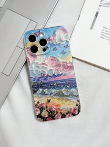 1 pieza Estuche de teléfono con patrón de paisaje marino y puesta de sol de TPU transparente y anti-caída, compatible con 15 Pro Max, S24 Ultra, Redmi 13C