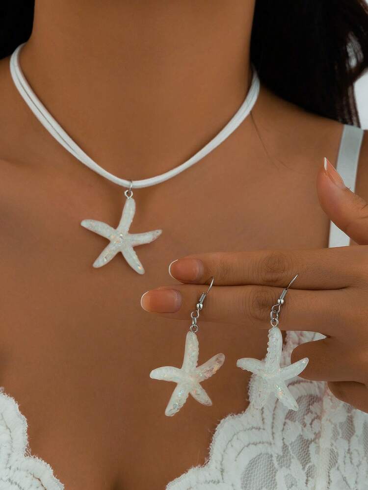 3入組時尚海灘假期風格海星吊墜項鍊和耳環套裝，海洋元素齊備，適合女性日常穿著、海灘度假、派對裝飾、創意夏季珠寶套裝禮品 - 白色 - 查看 12