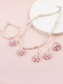 Set de 5 piezas con collar, pulsera, aretes y anillo de flor con doble capa de cuentas 3D, decoración elegante para niña, adecuado para fiestas - Flores - Ver 7