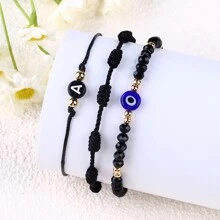 Ensemble de 3 bracelets à lettre à œil maléfique en verre tressé à la main avec sept cordes noires pour femmes
