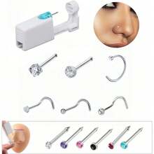 7pcs/Set Disposable Sterile Low-Pain Nose Piercing Gun, Includes Zirconia Nose Studs & 6 Different Style Nose Rings, With Video Tutorial, Suitable For Beauty Self-Use Piercing Tool & Accessories - Multicolor - View 10