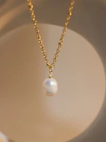 1 件法式复古优雅仿珍珠吊坠项链，女士，镀黄铜贵金属链项链，教师节礼物（珍珠为天然淡水珍珠，每颗都有不同的纹理和形状） - 復古百搭項鍊 - 查看 3