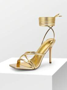 Women Strappy Tie Leg Design Heeled Sandals, Fashionable Square Toe Lace Up Stiletto Heeled Sandals - 金色 - 查看 4