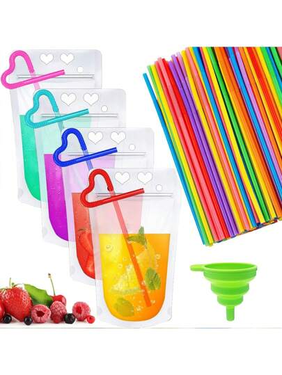 100 Bolsas de Bebidas con Popote y Embudo 500ml Bolsas para Jugo Transparentes con Pajita, Bolsa de Asas Hermética de Calidad Alimentaria para Bebidas Frias y Calientes - 201 Piezas