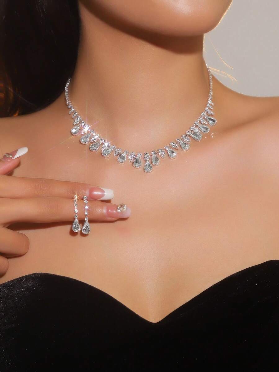 Supra Diamanto Gorgeous-Luxury Shining Bling Crystal Rhinestone Necklace Earrings Set Wedding Party Jewelry 3 In 1