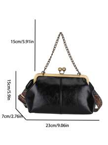 Simple Plain Embroidered Shell Bag Large Capacity Pocket Purse Stylish Chain Iron Clip Slant Span Shoulder Mobile Bag - Black - View 5