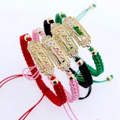 1 pieza Pulsera tejida con correa hueca de retrato sagrado de Judas / Virgen María en cobre enchapado en oro de 18K con adornos de diamantes, unisex. Regalo perfecto para el Día del Padre, así como para familiares y amigos. De moda y único.