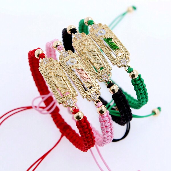 1pc Copper Plated 18K Gold Diamond-Studded Holy Judas / Virgin Mary Portrait Hollowed-Out Hand Strap Woven Bracelet, Unisex. Perfect Gift For Father's Day And For Family And Friends. Fashionable And Unique.