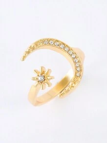 1入時尚復古新月與星星開口戒指，適合女性 - 金黃色 - 查看 2