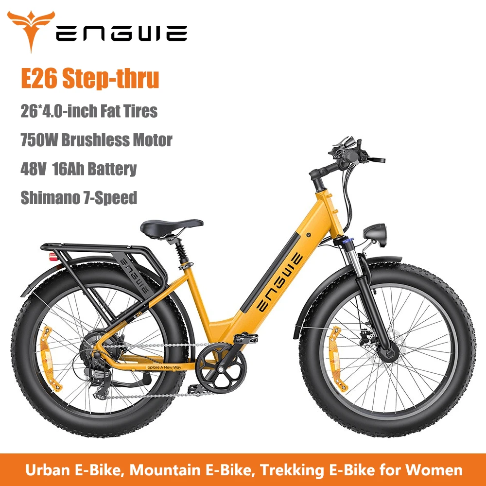 ENGWE E26 Step-Thru Electric Bike, 26'' X 4.0 Fat Tire, 48V 16AH Battery, 7 Speed, 750W Brushless Motor, 87Miles Range, 30MPH Mountain Bike For Women/Men Urban And Trail Environments - 黃色 - 查看 1