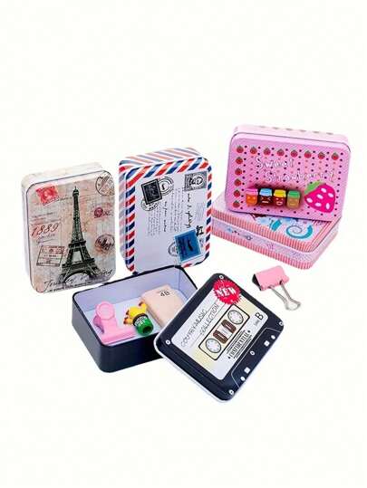 1个复古首饰收纳铁盒 - 便携式多功能收纳盒，可收纳耳环、戒指、发圈、手镯、脚链、发夹等，小巧便携，适合旅行和返校季使用。