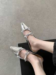 Silver Flat Sandals With Fashionable Bowknot Decorations, Comfortable Ballet Shoes, Women's Shoes, Closed-Toe Slides For Summer, Closed Toe Slip-On Mary Jane Style Sandles