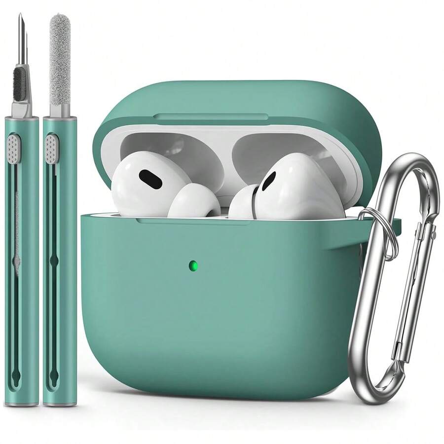 1pc Solid Color Silicone Protective Case With Carabiner Strap & Cleaning Brush - Olive Green - View 1