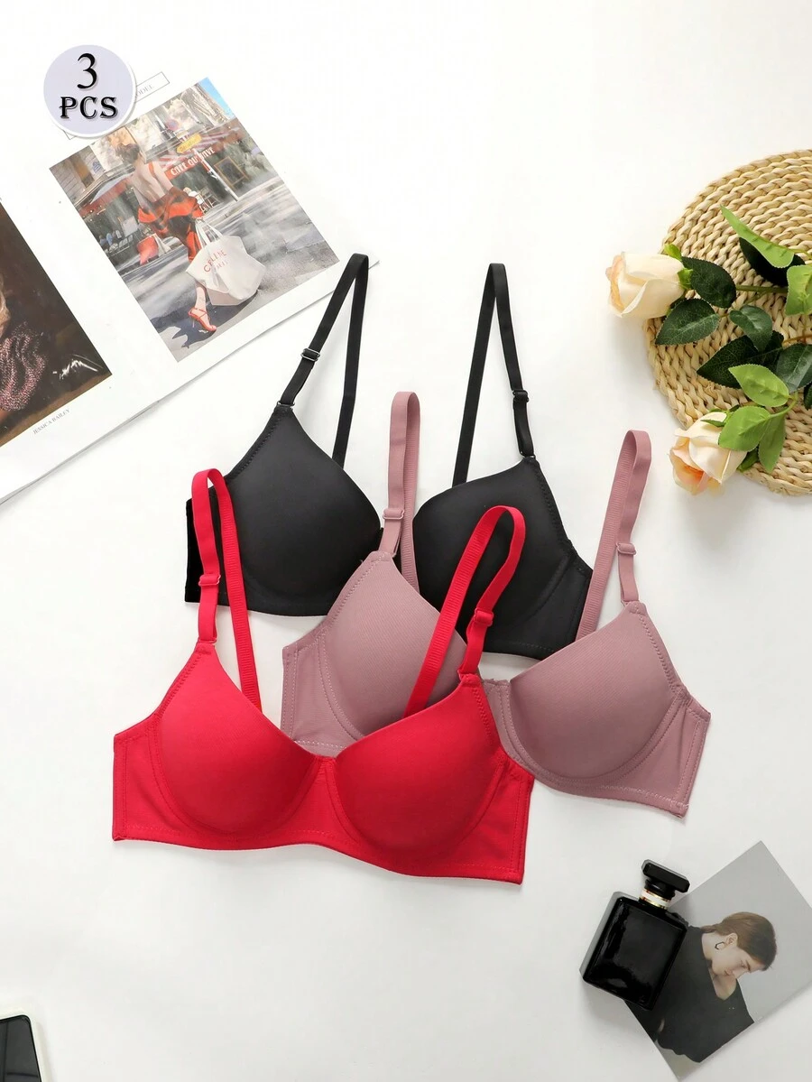 Conjunto de 3 sostenes push-up sin costuras y con aros de unicolor para mujer - Multicolor - Ver 1