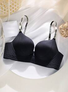 Black Wireless, Push-Up Sports Bra With Letter Strap - Black - View 5