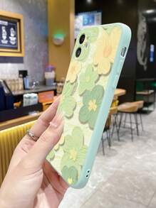 1个极简黄绿色彩绘花卉图案磨砂硬壳，兼容苹果/红米/vivo/OPPO手机，防摔防水防震防刮 - 淡青色 - 查看 5