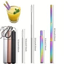 3 件套伸缩吸管由 304 不锈钢材料制成，可多次使用吸管刷和储存管、厨房、圣诞礼物 - 彩色 - 查看 12