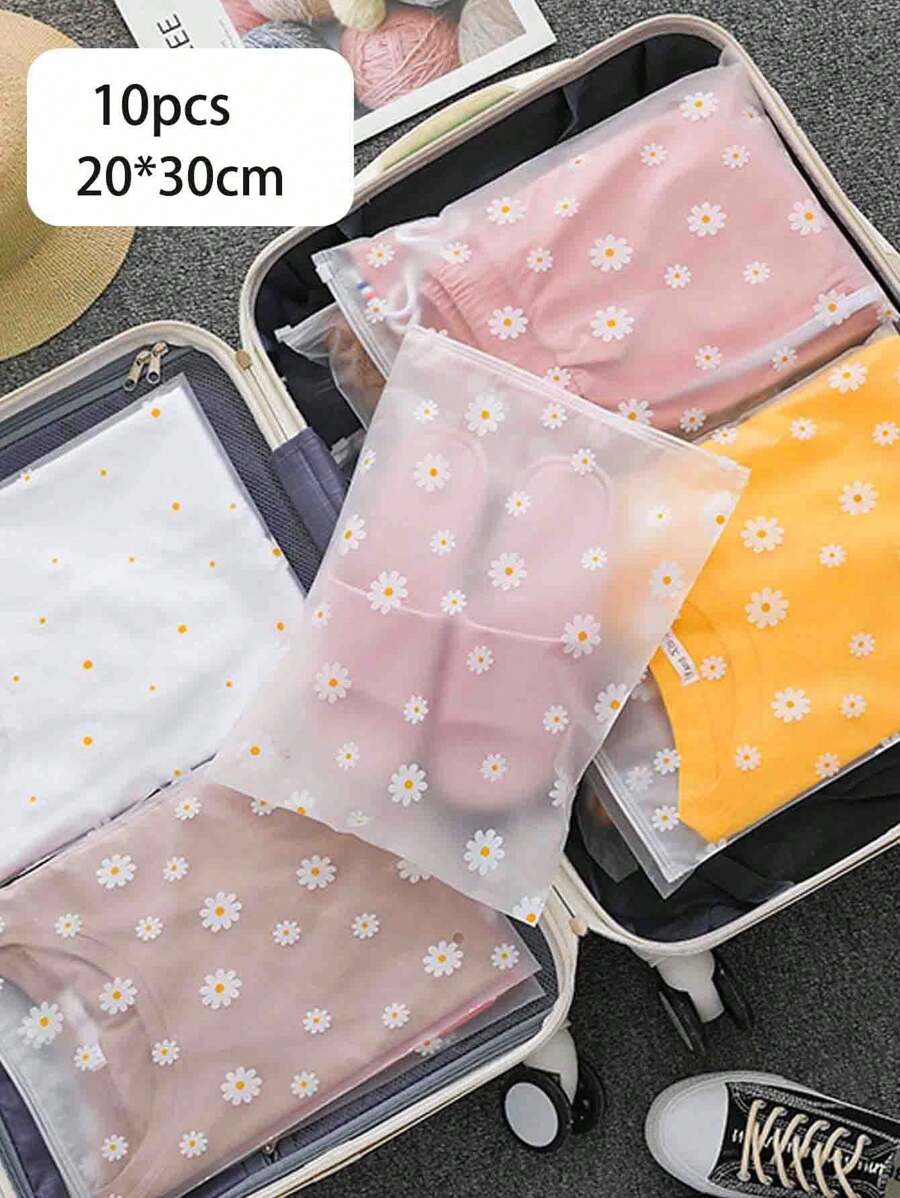 10入組透明霧面PE服裝包裝袋，便攜旅行收納袋，拉鍊封口袋，霧面塑膠收納袋，印有雛菊花，適用於內衣、衣服、牛仔褲、長褲、T卹、旅行收納盒和學校季節！防水防塵整理包