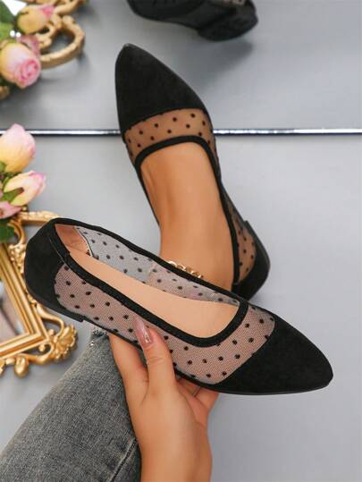 女士透气网眼尖头拼色平底鞋，舒适简约现代休闲街头风格百搭乐福鞋（尺码偏小，脚窄，建议订购大 2 个尺码）