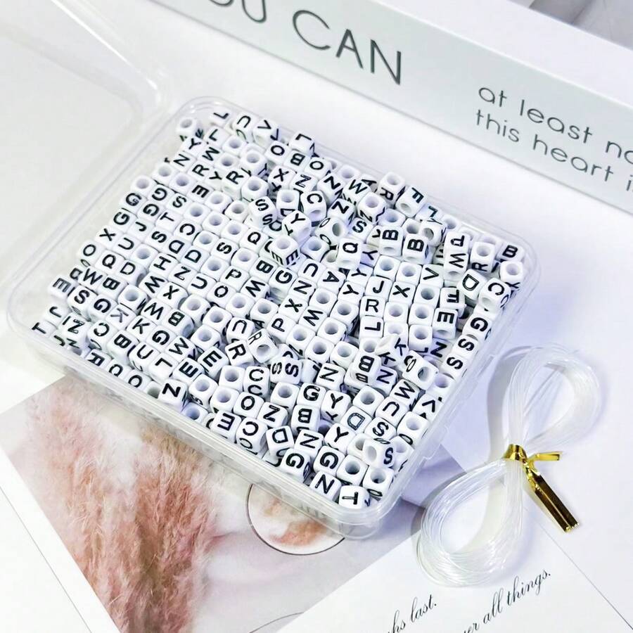 100pcs/300pcs/500pcs/700pcs Loose White Square Acrylic Letter Beads, 6x6mm, With Black Letters A-Z, For Jewelry Making And DIY Bracelets, Necklaces, Keychains