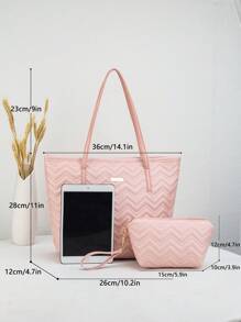 2pcs Wavy Stitching Geometric Pattern Large Capacity Tote Bag, Retro Shoulder Shopping Bag With Coin Purse For Women