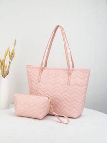2pcs Wavy Stitching Geometric Pattern Large Capacity Tote Bag, Retro Shoulder Shopping Bag With Coin Purse For Women