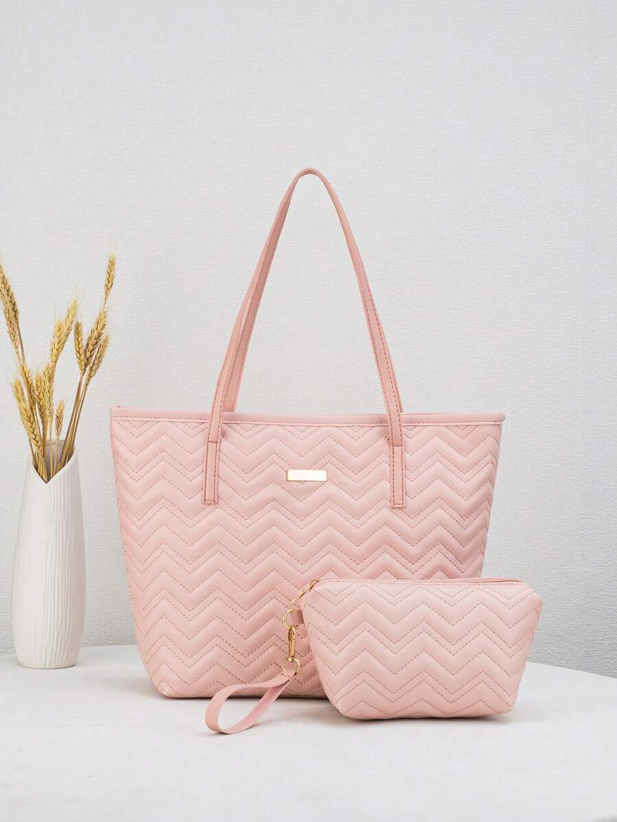 2pcs Wavy Stitching Geometric Pattern Large Capacity Tote Bag, Retro Shoulder Shopping Bag With Coin Purse For Women