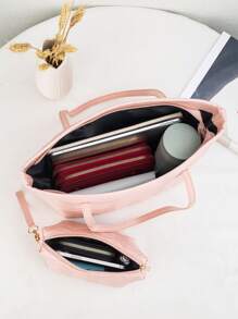 2pcs Wavy Stitching Geometric Pattern Large Capacity Tote Bag, Retro Shoulder Shopping Bag With Coin Purse For Women