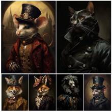 1pc Wall Arts Posters Animals Victorian Vintage Animal Portrait Art Poster And Print Home Decor Black Cat Lion Rabbit Raven Wall Art Canvas Painting Optional Frame Animals