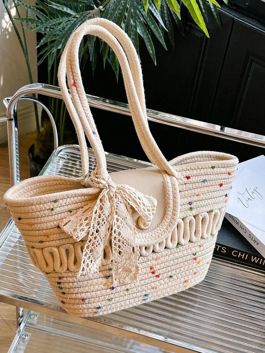 Fashionable Large Capacity Woven Straw Tote, Casual Bag With Scarf Decoration, Hollow Out Rope Design Handbag, Shoulder Bucket Bag For Summer Beach, Women's Bag With Flip Pearl Decoration, Versatile, Vacation Bag For Summer, Beach Purse, Perfect For Summer, Vacation & Daily Use, Travel Must Haves, Hottest Beach Bags - Beige - View 1