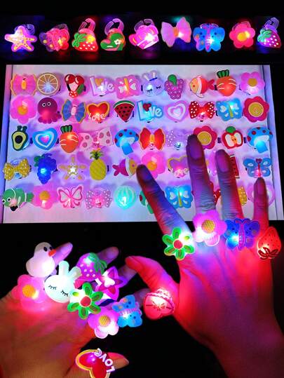 動物花カートゥーン LED 点滅ライトフィンガーライト カラーマジックライト 1個/10個/25個/50個セット、パーティー、集会、結婚式、誕生日、コンサート、卒業式、サンタクロースの光リング、暗闇で光るパーティー装飾品、新年のクリスマスハロウィンの小さな贈り物、プレゼント配布お気に入りの贈り物
