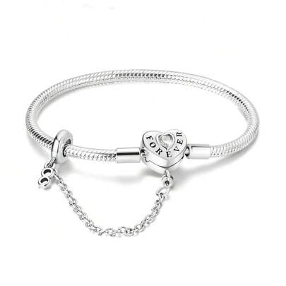 Silver Color Heart Safety Chain Snake Bone Bracelet Love Forever Elegant Women Style Jewelry Valentines,Mom,Mother,Mother's Day,Gift