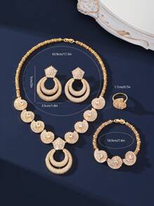 New Zirconia Middle East/Dubai Bride Wedding 4pcs Set: Necklace, Earrings, Bracelet, Ring, Star & Moon Pendant Design, Suitable For Banquet