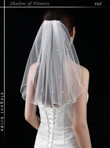 白色优雅新娘面纱，齐肩头纱饰有仿珍珠，适合女性婚礼秋季女士服装 - 白色 - 查看 1